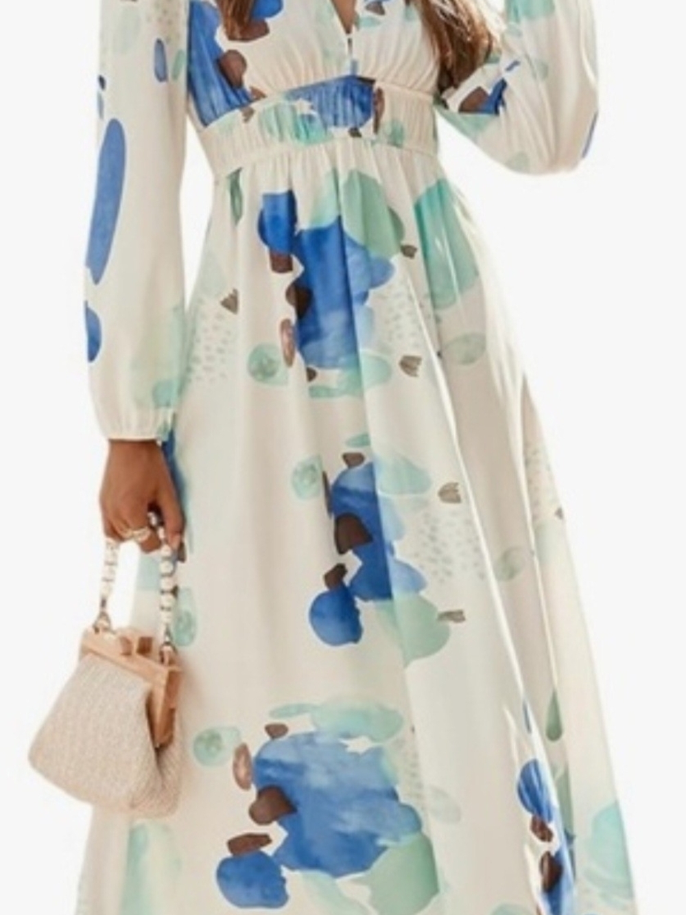 Cream Maxi Dress with Blue and Green Watercolor Floral Print